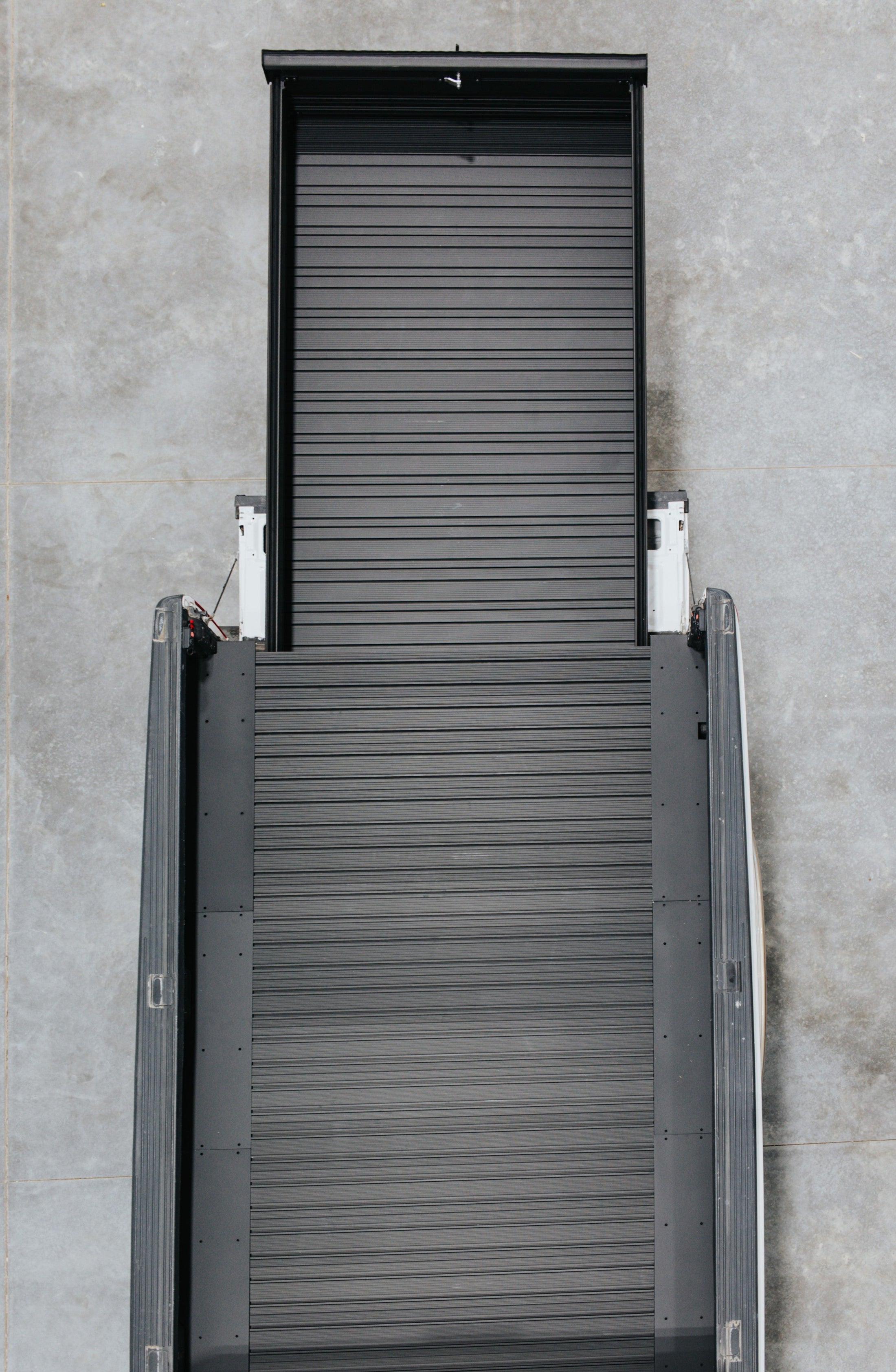 Overhead view of the Silver Bullet ultra-wide drawer and platform at full extension