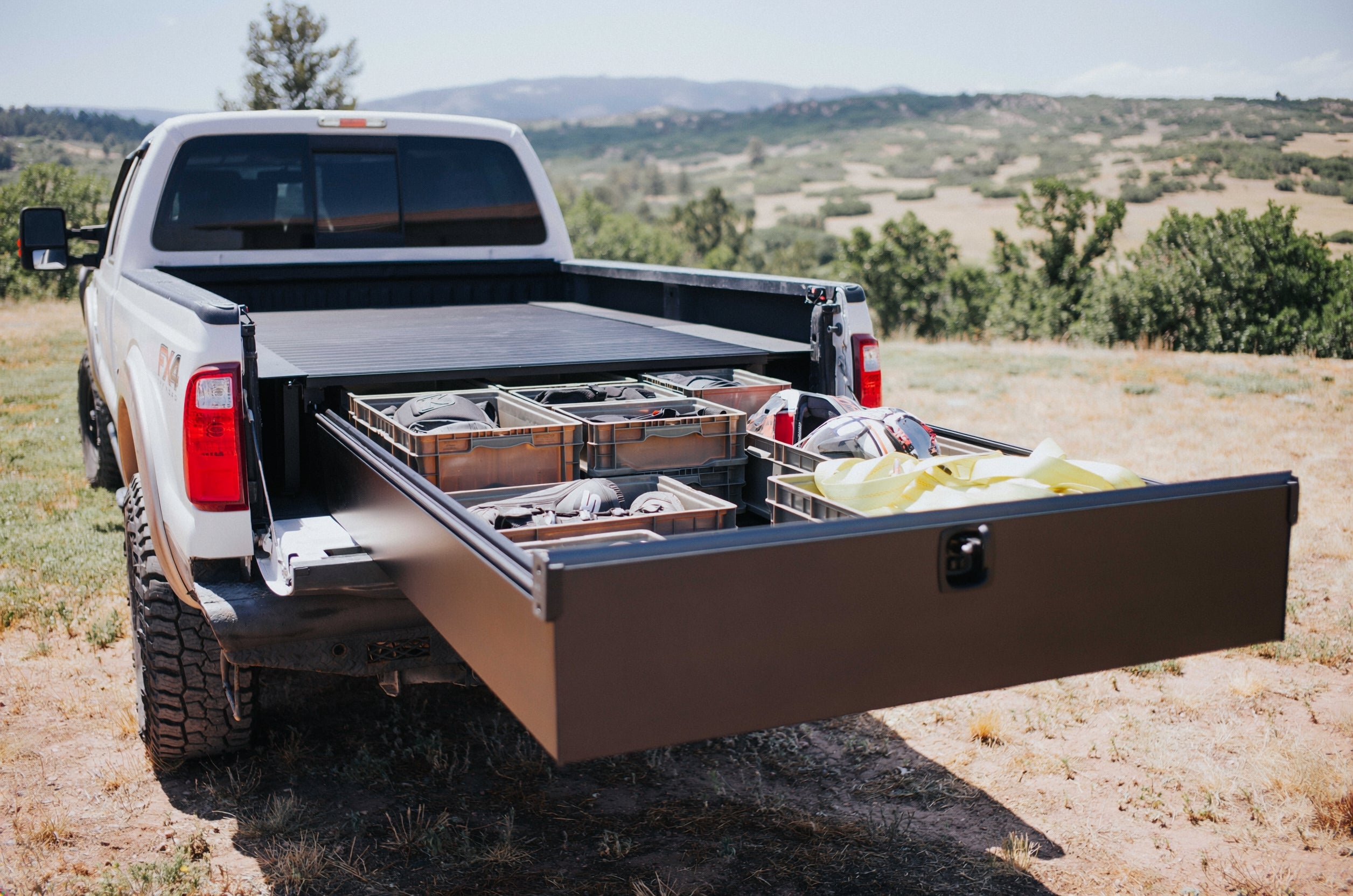 Silver Bullet ultra-wide truck-bed drawer extended with organized gear