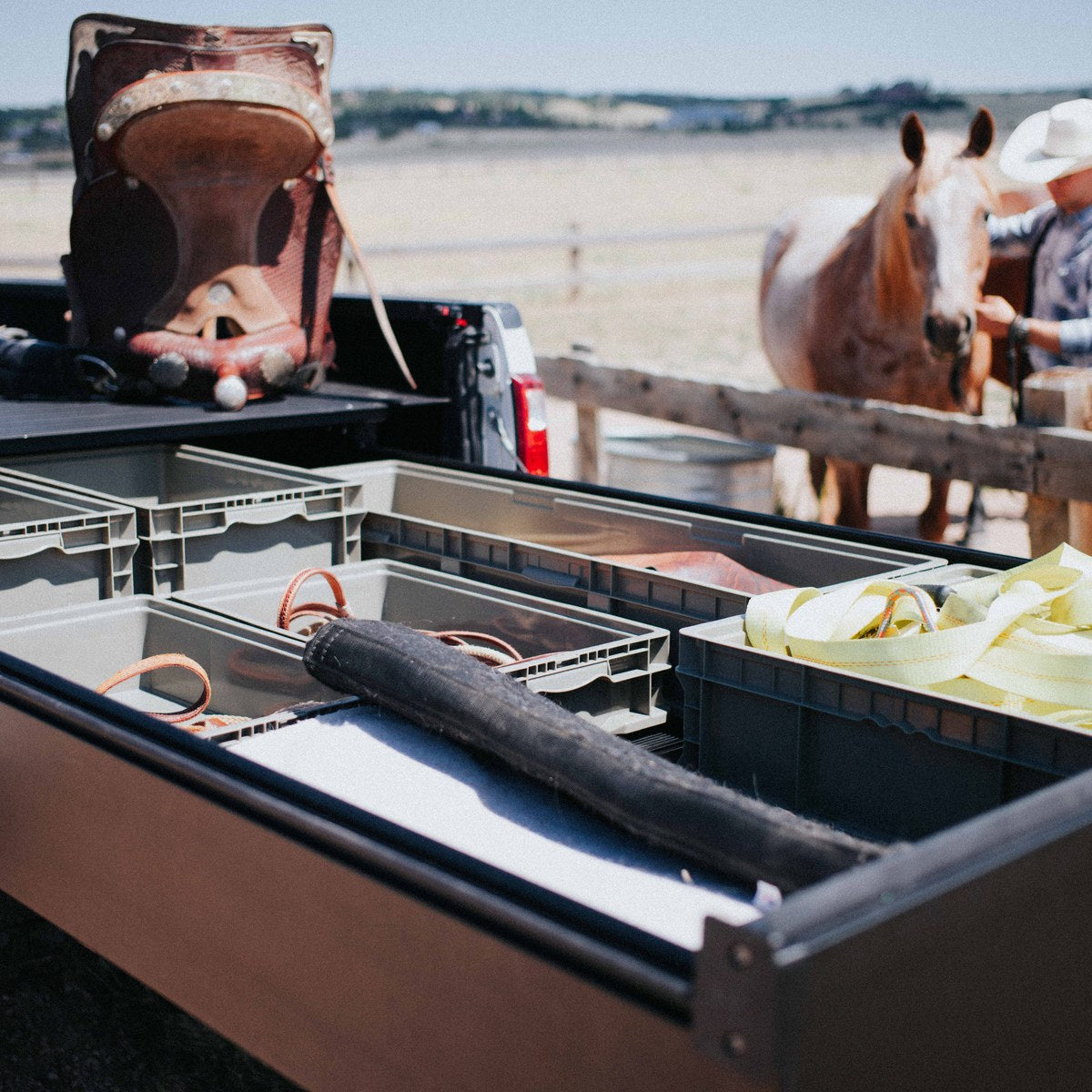 Silver Bullet truck drawer system carrying ranch gear in Colorado
